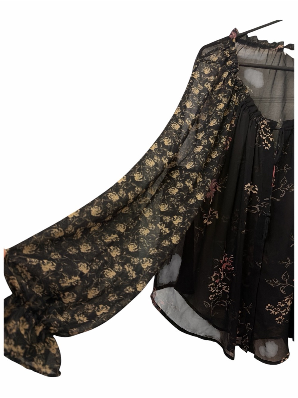 ASTR Black Sheer Floral Ruffle Neck Blouse - Picture 2 of 8